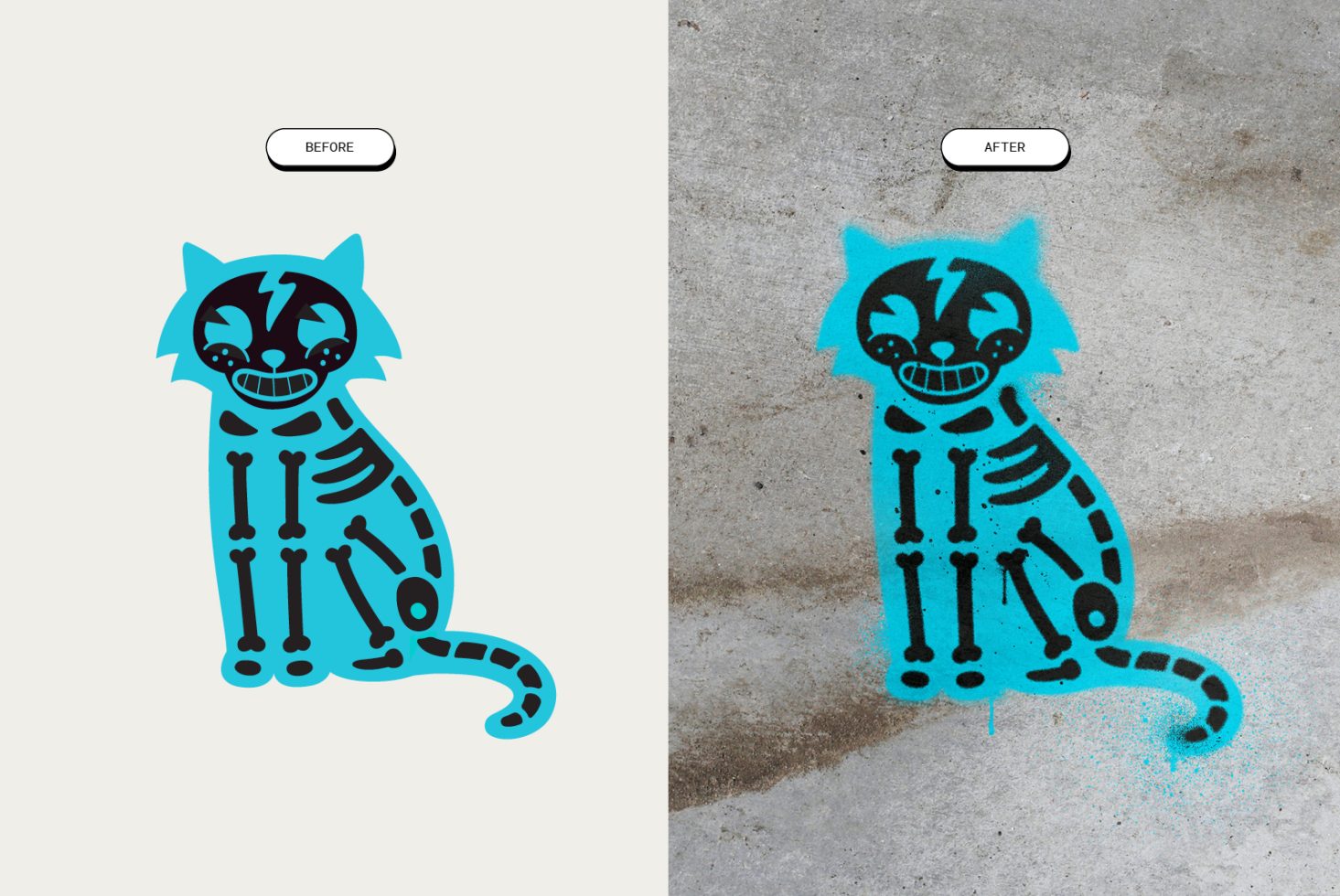 Before and after graphic image showing a blue cartoon cat with a skeleton design on a clean background and then spray-painted on a textured surface.